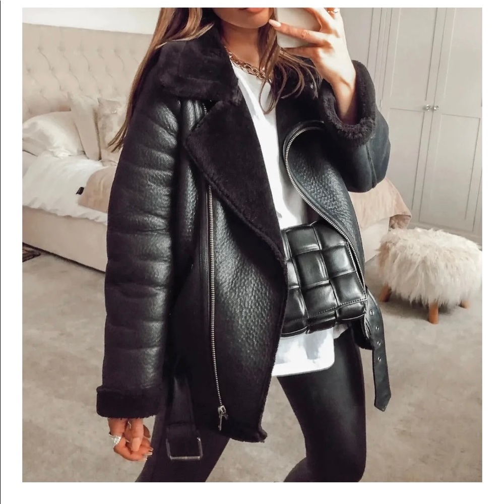 ZARA BLACK FAUX LEATHER SHEARLING FUR DOUBLE FACED BIKER JACKET AVIATOR COAT